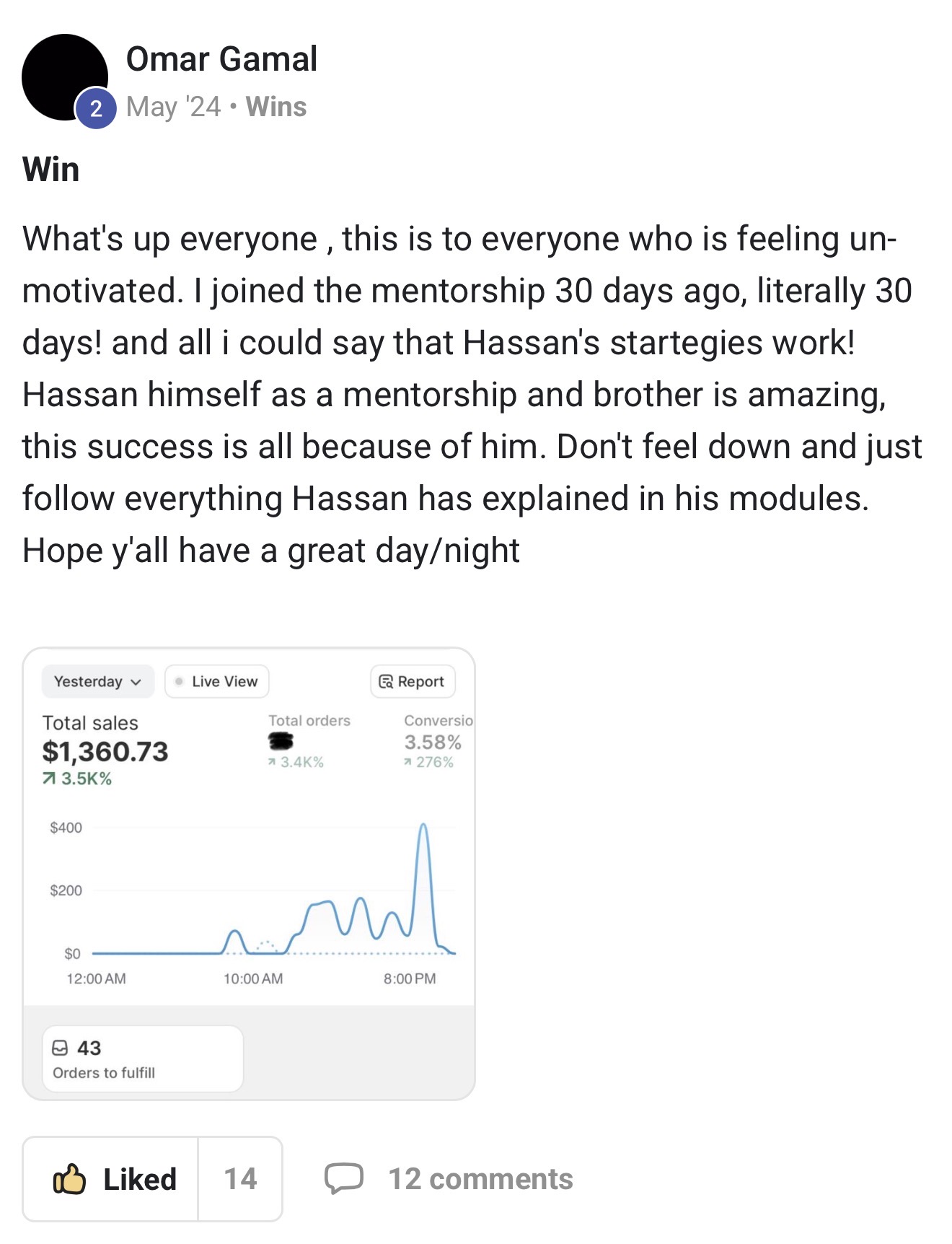Omar Gamal sharing $1,360 daily sales